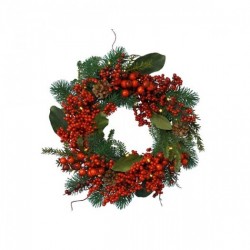 CORONA DE PI VERD ARTIFICIAL AMB BERRIES DECORRATIUS I FULLES